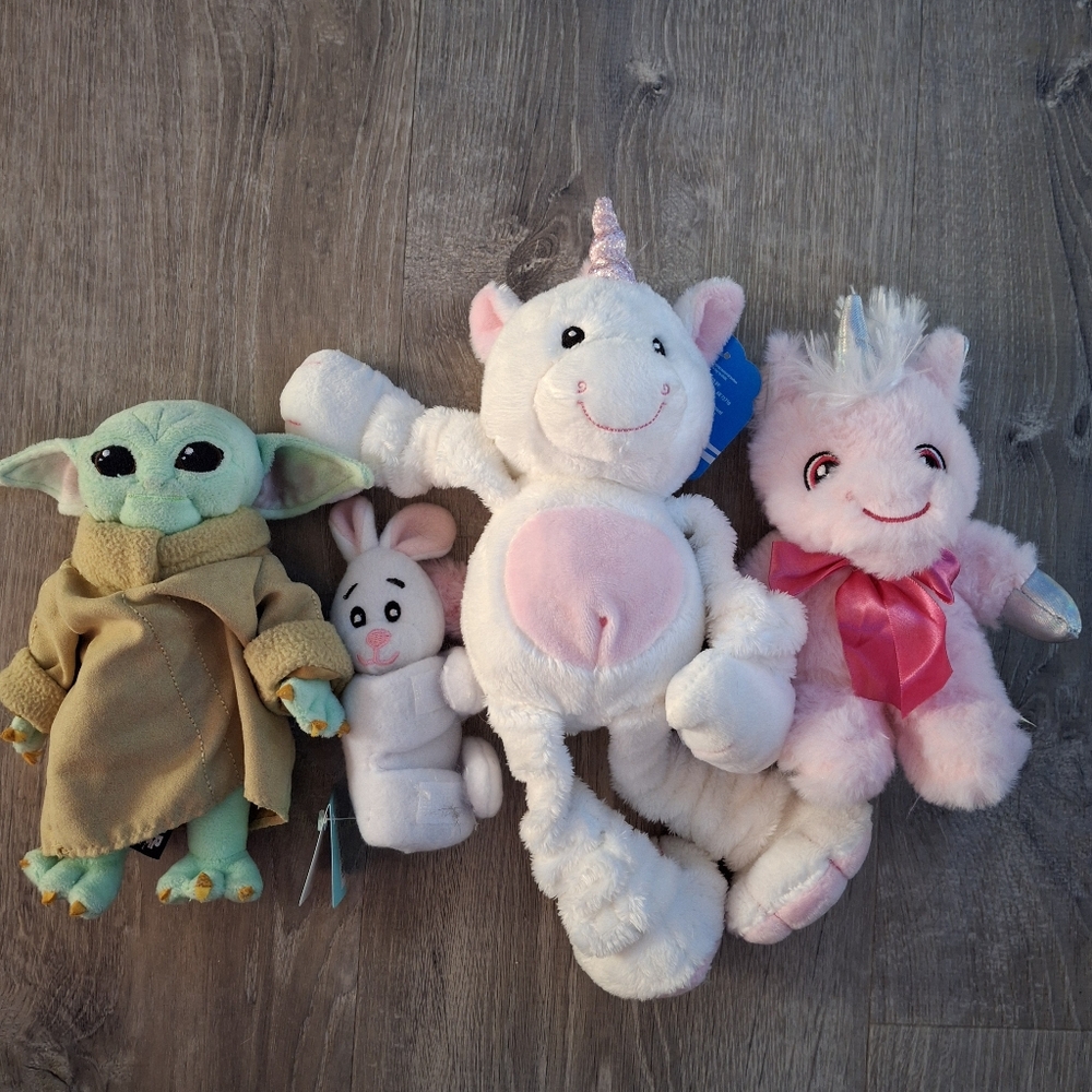 Baby Yoda, unicorn, bunny, and pink unicorn Kids Stuffed Aninal Lot Of 4